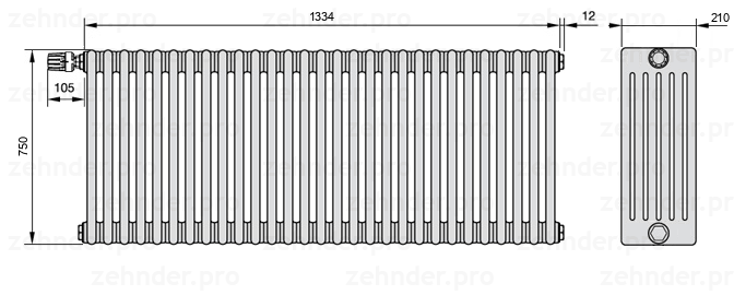 Схема (чертеж) Радиатор Zehnder Charleston 6075/29 №V012 Белый глянцевый RAL 9016